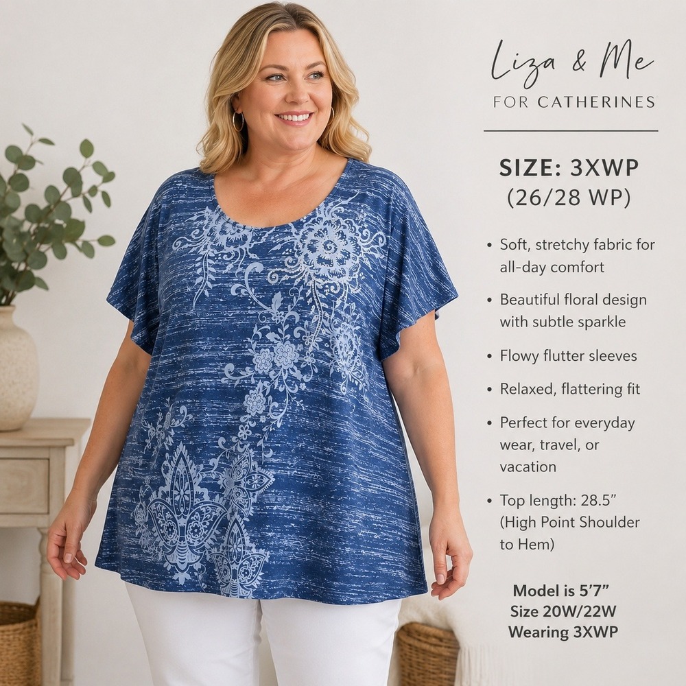 Liza & Me Catherines Plus 3XWP Blue Floral Rhinestone Tunic Petite Boho Top
